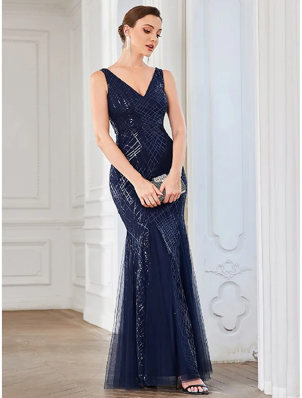 Women's Apparel And Garments A-Line Party Dresses Elegant Dress Wedding Guest Floor Length Sleeveless V Neck Tulle with Sequin