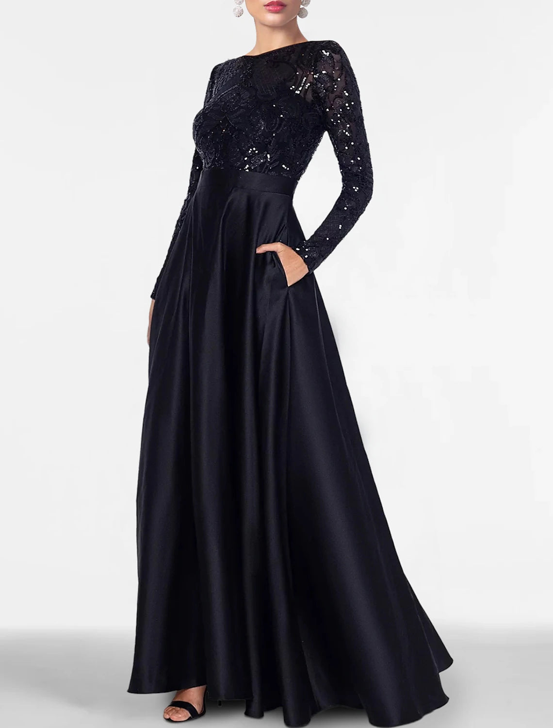 Affordable Luxury Women's Apparel A-Line Evening Gown Elegant Dress Formal Black Tie Floor Length Long Sleeve Off Shoulder Fall Wedding Guest Satin with Slit Pocket