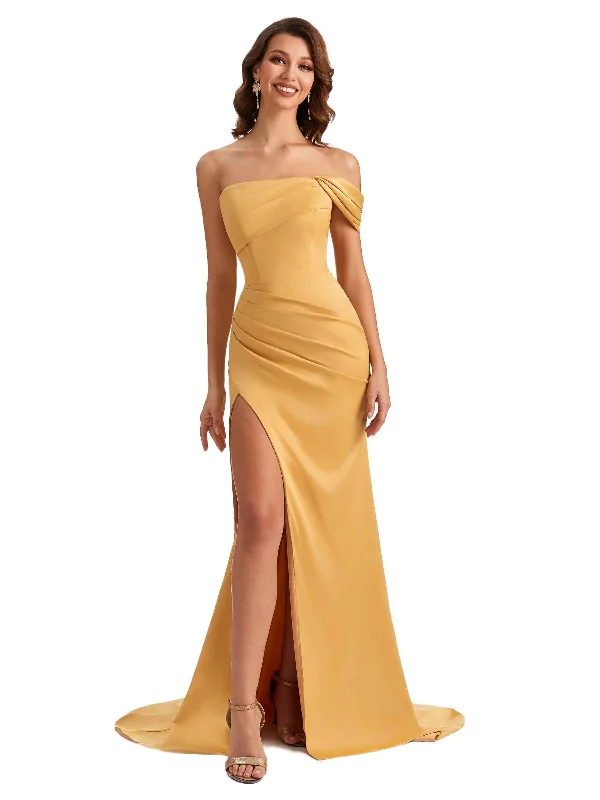 Women's Everyday Attire Unique One Shoulder Side Slit Satin Long Dresses For Wedding