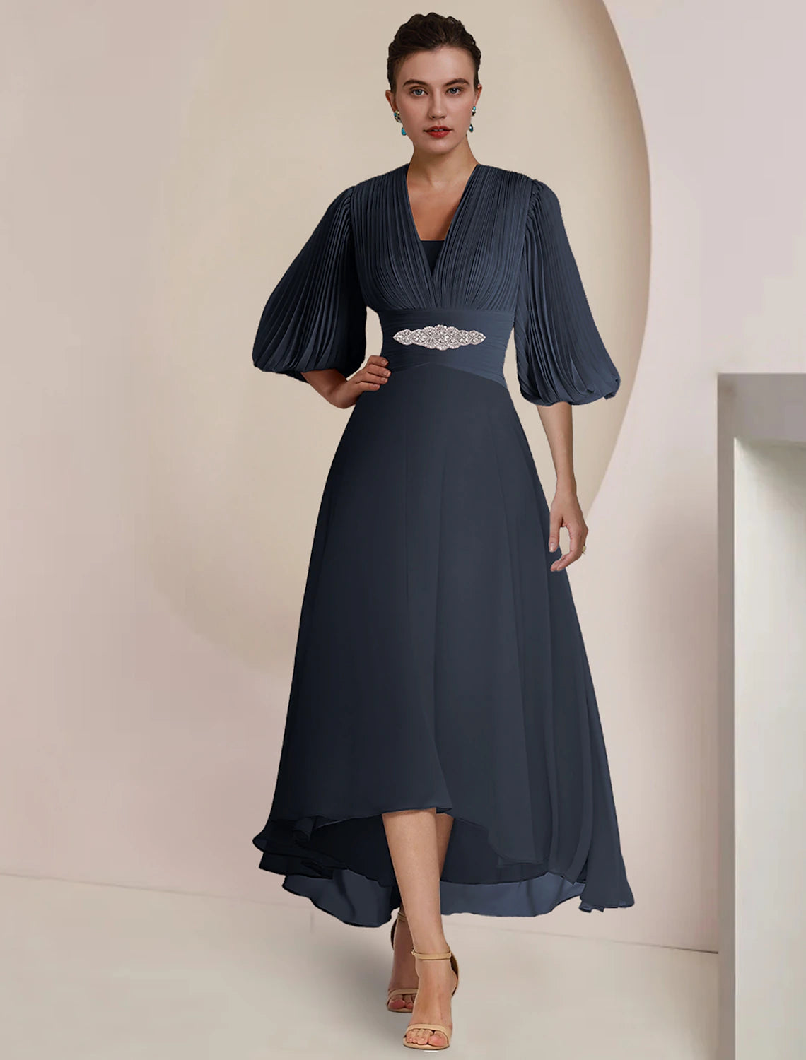 Women's Transitional Clothes A-Line Mother of the Bride Dress Formal Wedding Guest Party Vintage Elegant V Neck Tea Length Chiffon 3/4 Length Sleeve with Pleats Crystals