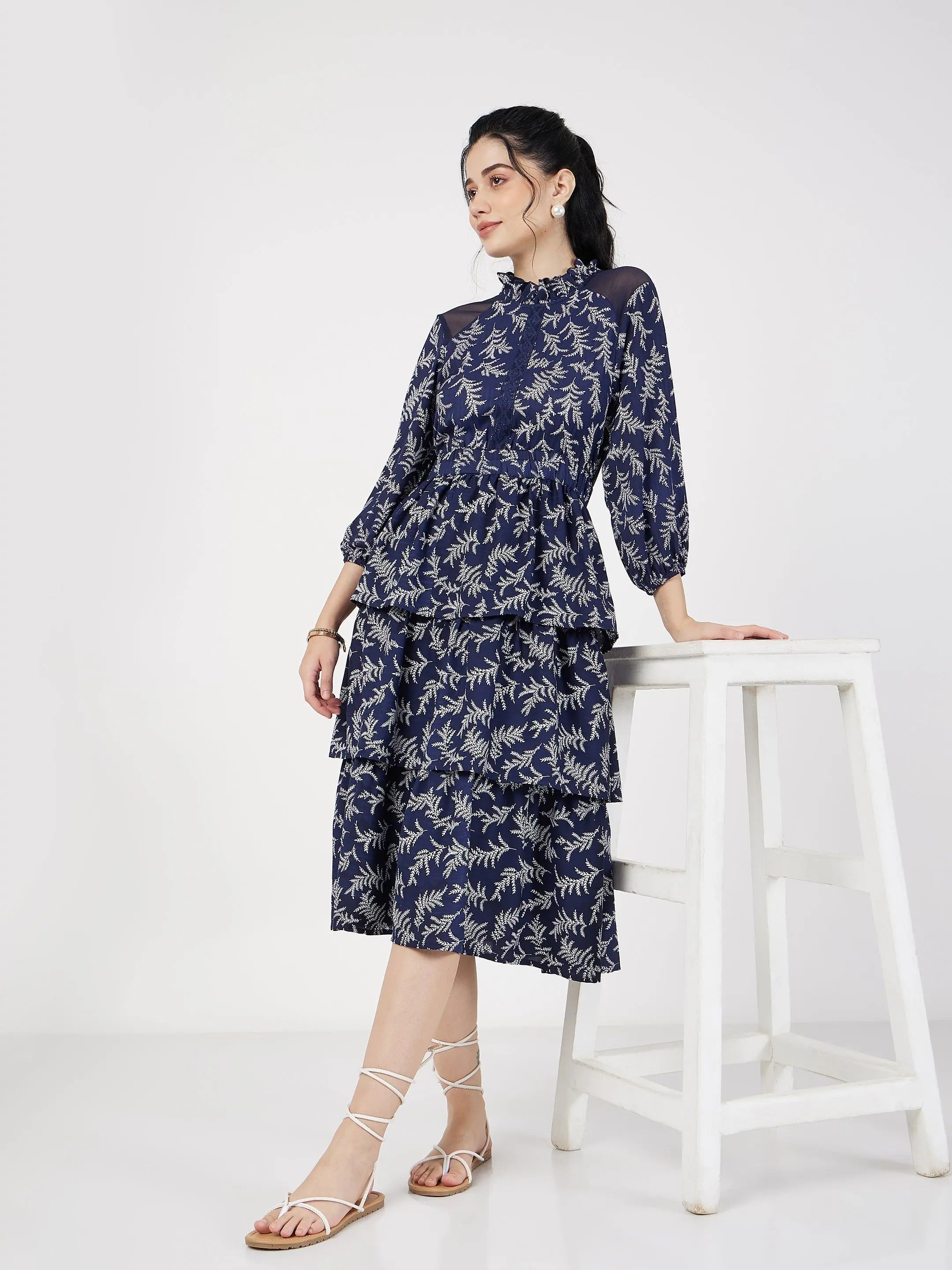 Women's Workout Clothing Women Blue Floral Tiered Midi Dress