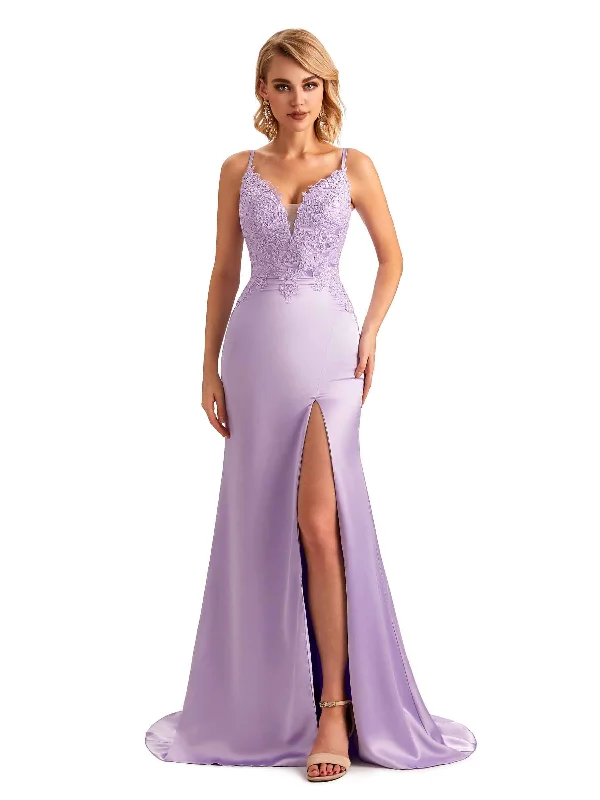 Women's Athletic Outfit Sexy Side Slit Spaghetti Straps Lace Mermaid Unique Satin Maxi Dress For Wedding