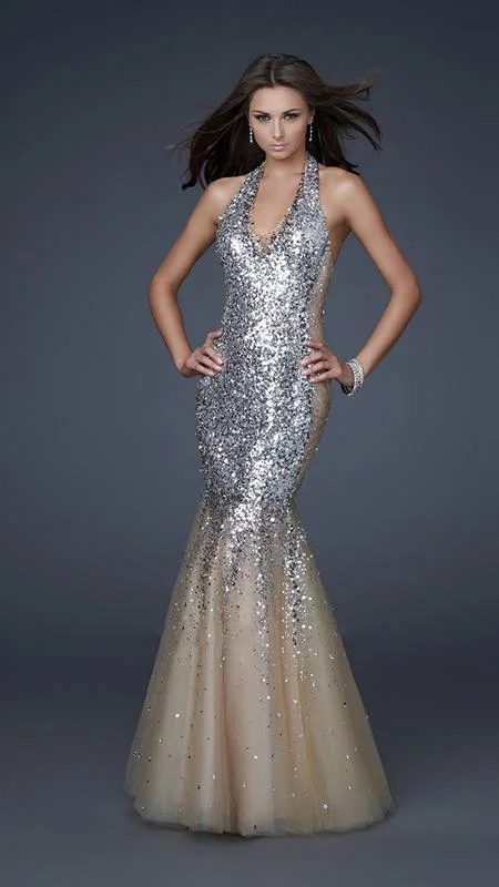 Women's Evening Clothing La Femme Plunging Halter Style Sequined Gown 16804 - 1 Pc Silver/Nude in Size 6 Available