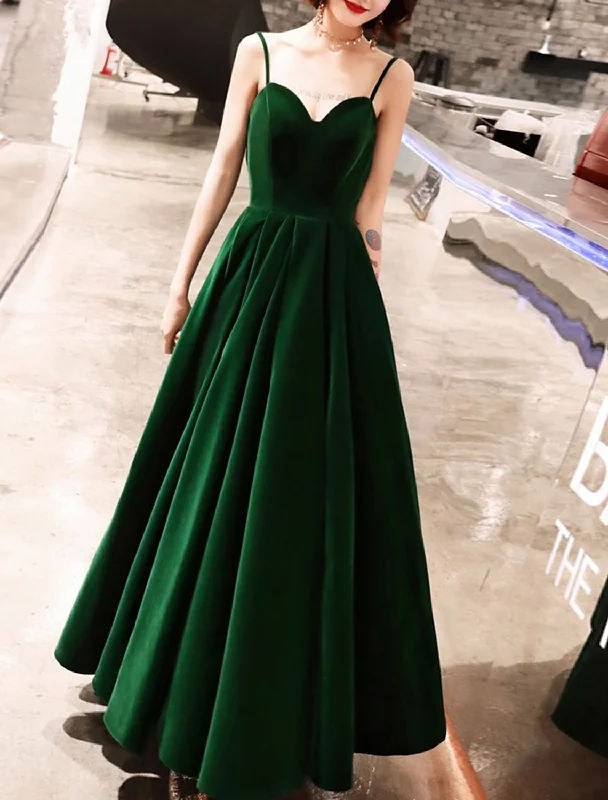 Women's Active Outfit For Fitness A-Line Prom Dresses Beautiful Back Dress Wedding Guest Prom Ankle Length Sleeveless Spaghetti Strap Velvet with Sleek Pleats