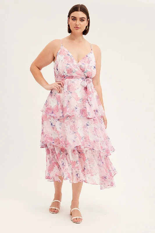 Women's Resort Attire Pink Floral Midi Dress Shoestring Frill Chiffon Print