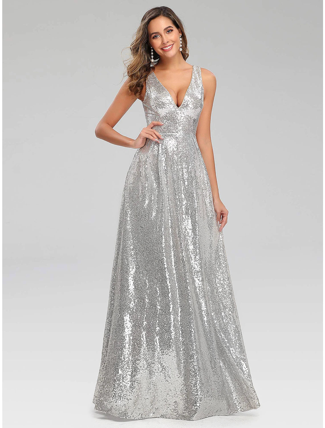 Women's Professional Outfit A-Line Prom Dresses Sparkle Dress Wedding Guest Engagement Floor Length Sleeveless V Neck Polyester V Back with SequinA-Line Prom Dresses Sparkle Dress Wedding Guest Engagement Floor Length Sleeveless V Neck Polyester V Back with Sequin