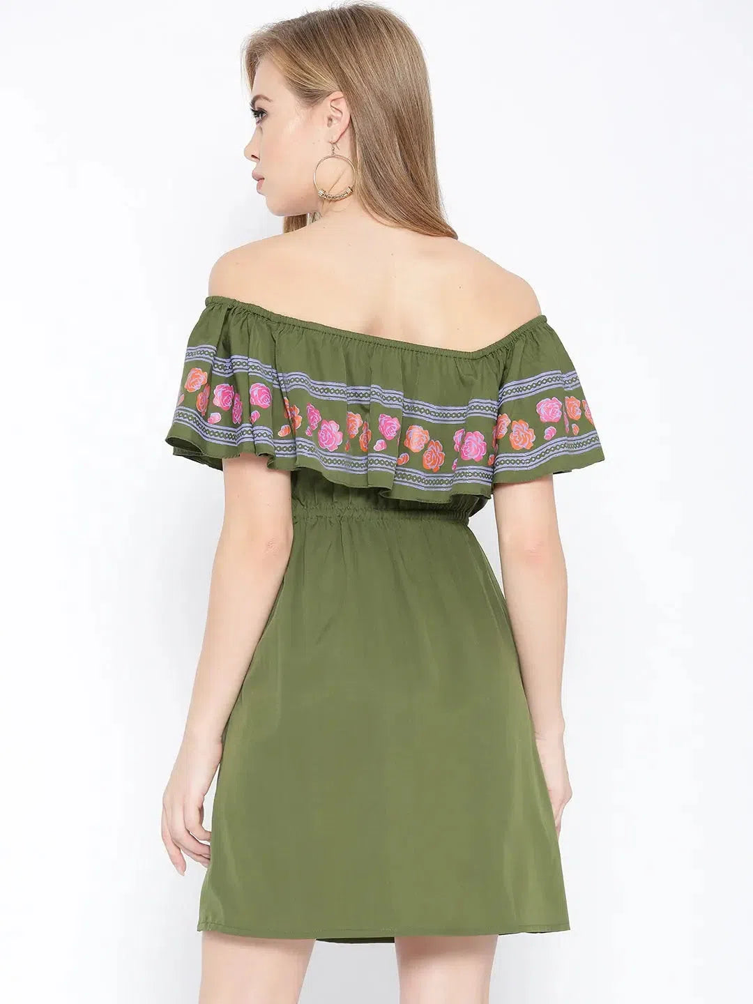 Women's Comfortable Lounge Outfit Off shoulder mini dress with print on the frill in Green