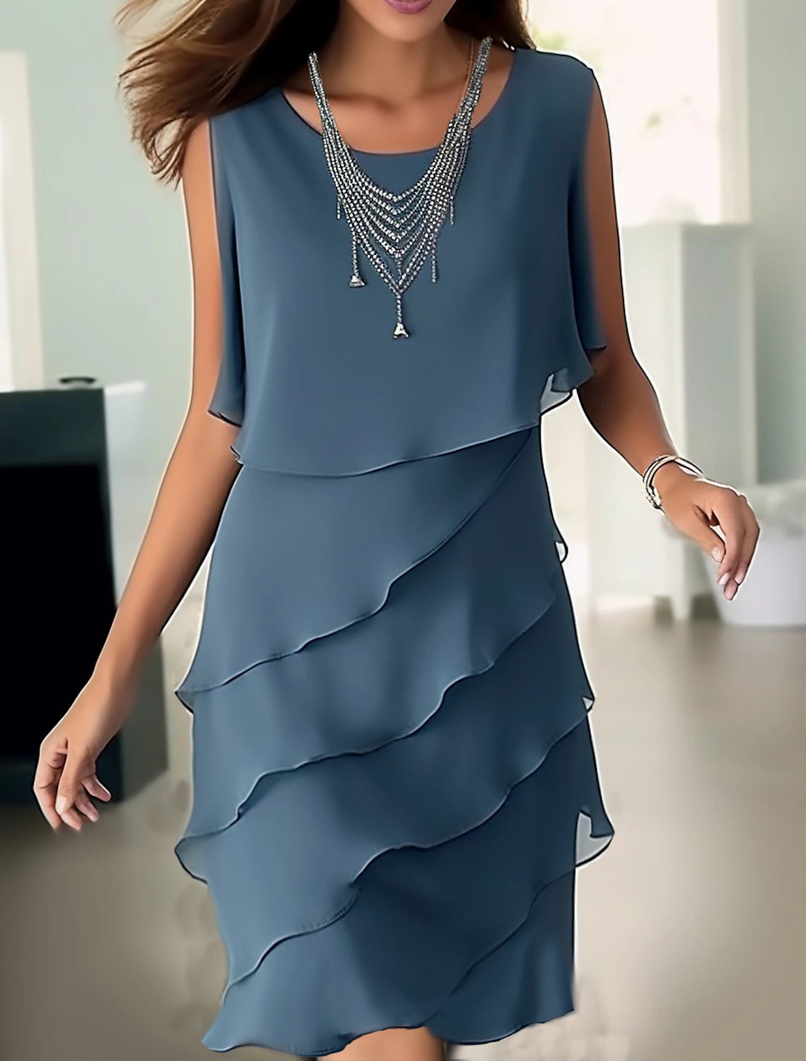 Women's Work Apparel Party Dress Cocktail Dress Wedding Guest Dress Midi Dress Blue Sleeveless Pure Color Ruffle Summer Spring Fall Crew Neck Fashion Wedding Guest Summer Dress