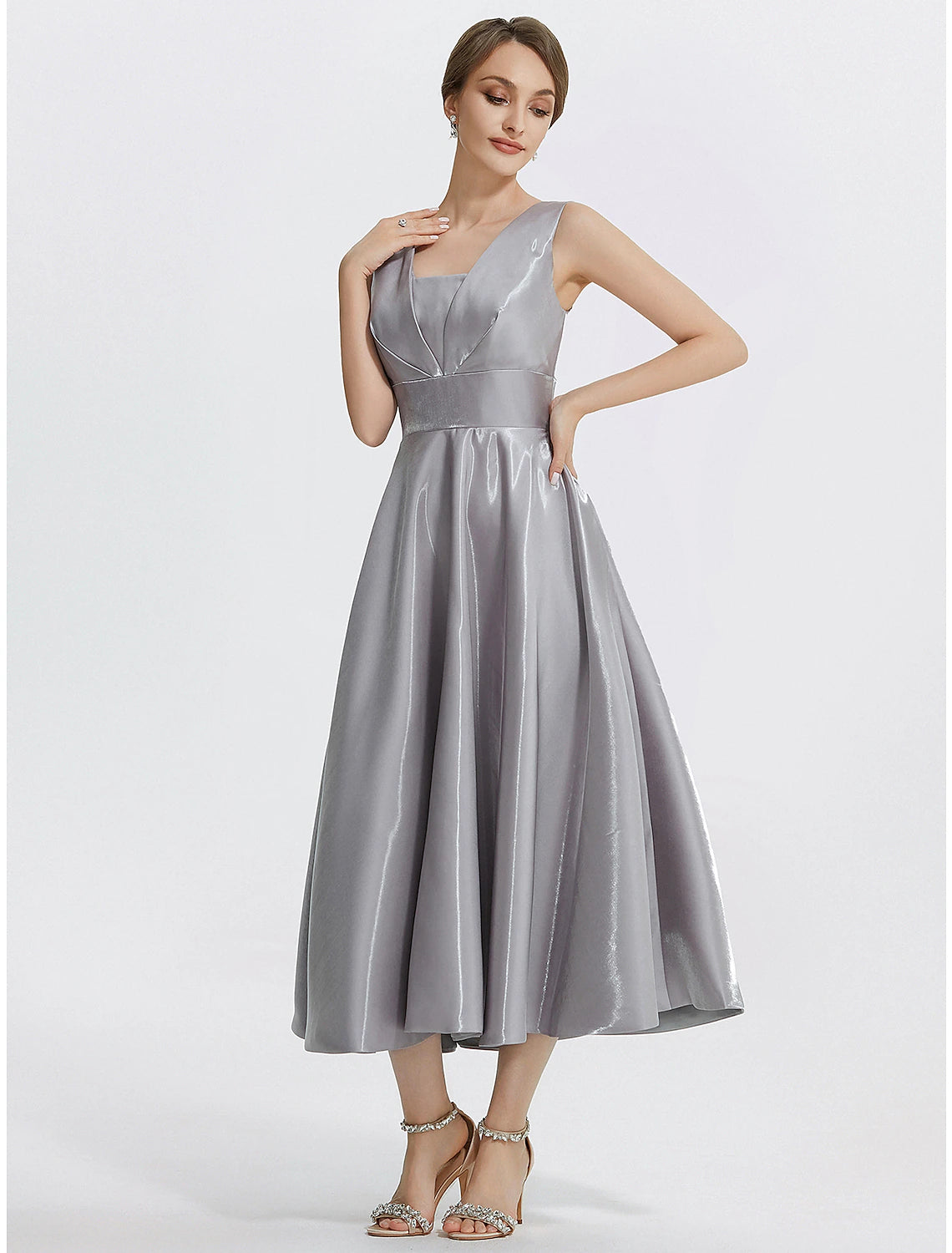 Women's Clothes For Work Events A-Line Cocktail Dresses Elegant Dress Formal Wedding Guest Tea Length Sleeveless V Neck Satin with Pocket