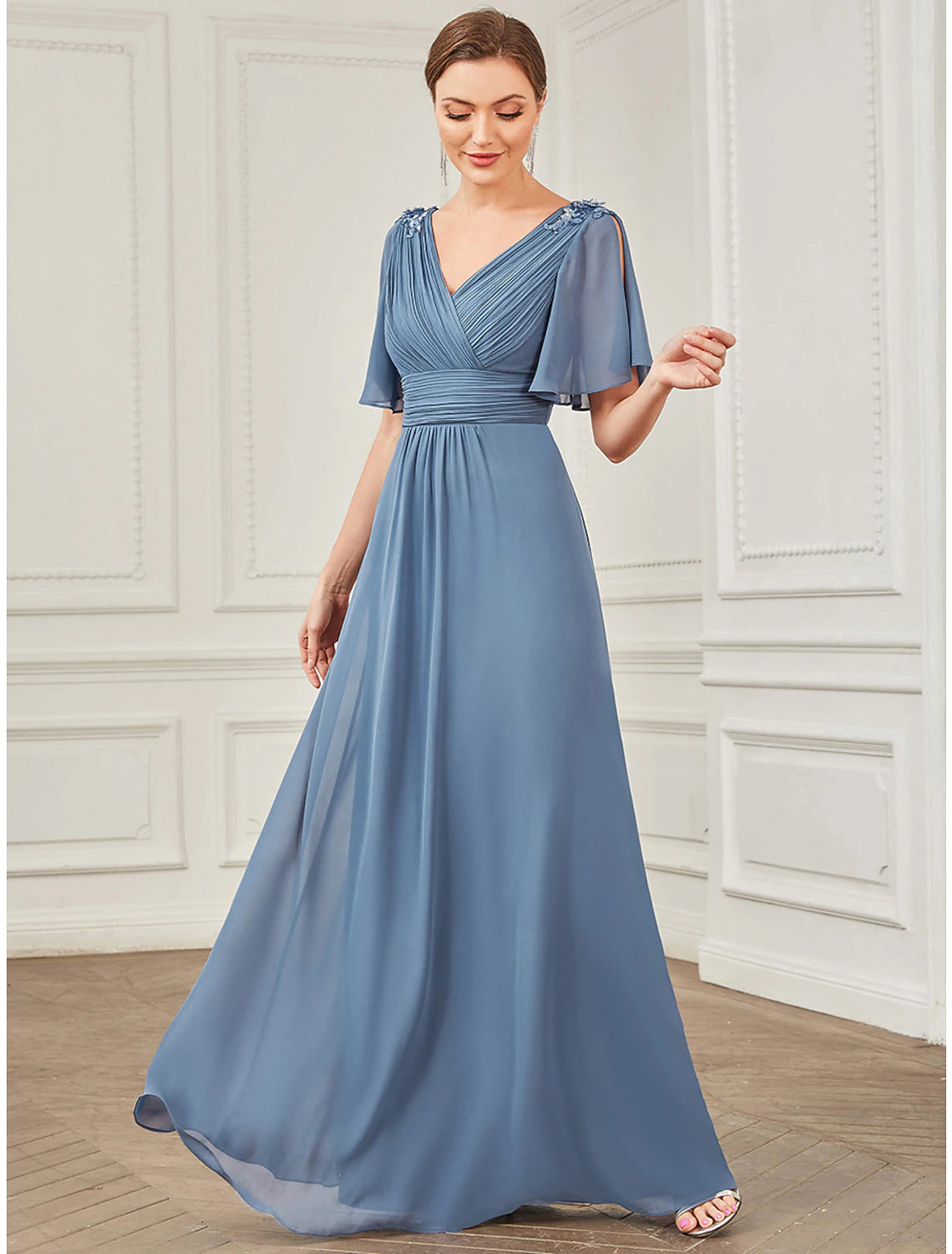 Women's Occasion Wear Apparel A-Line Prom Dresses Party Dress Wedding Guest Floor Length Short Sleeve V Neck Chiffon with Ruched Appliques