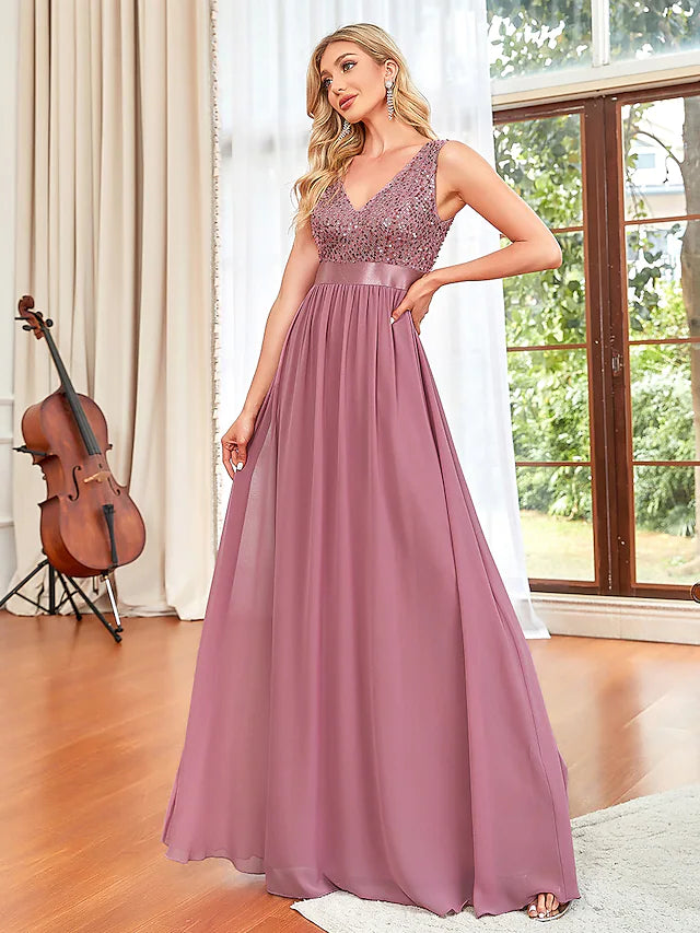 Women's Vacation Clothes Prom Dresses Elegant Dress Wedding Guest Floor Length Sleeveless V Neck Chiffon V Back with Draping