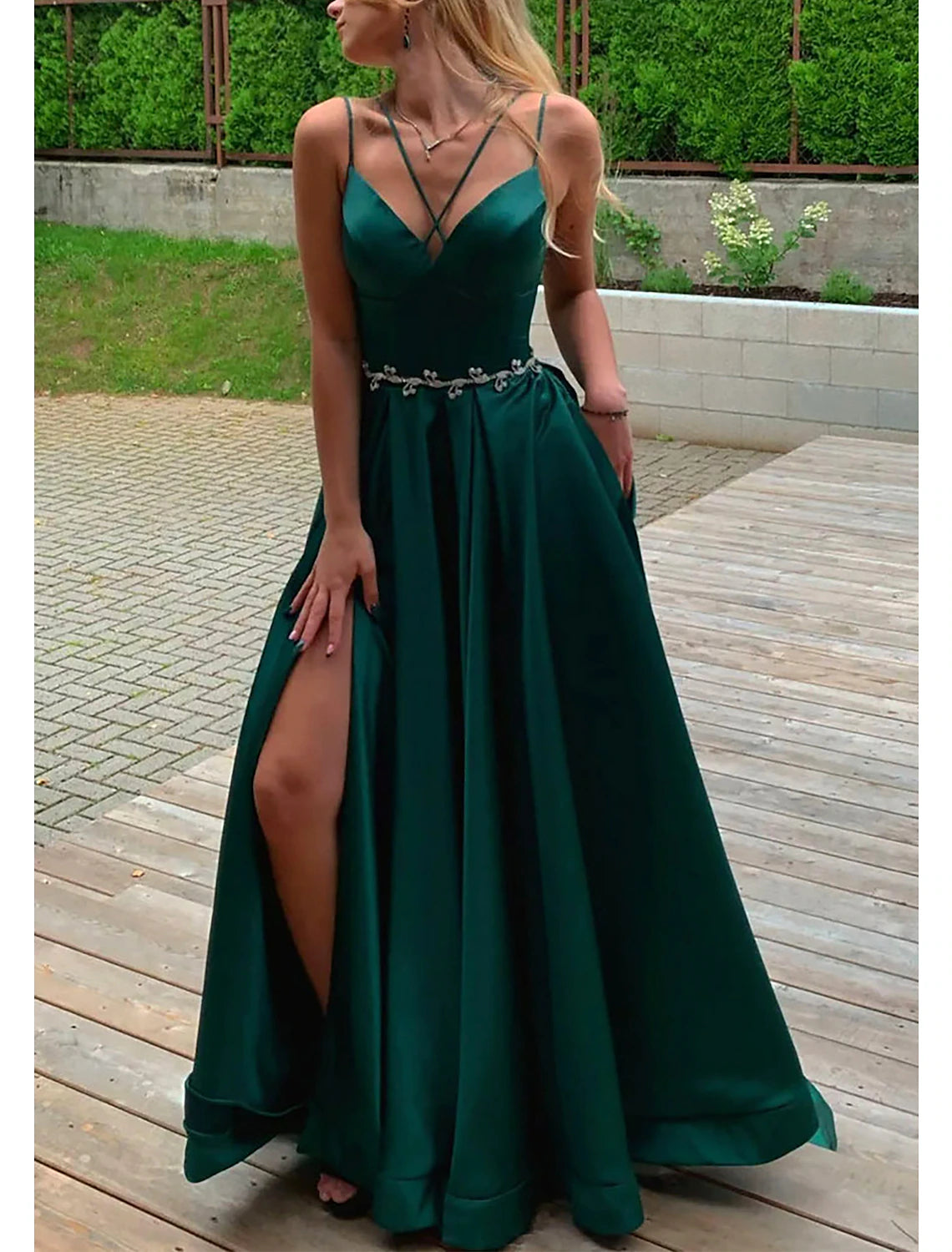 Comfortable Outfit For Women A-Line Prom Dresses Gothic Dress Formal Wedding Party Court Train Sleeveless Spaghetti Strap Satin Backless with Pleats Beading