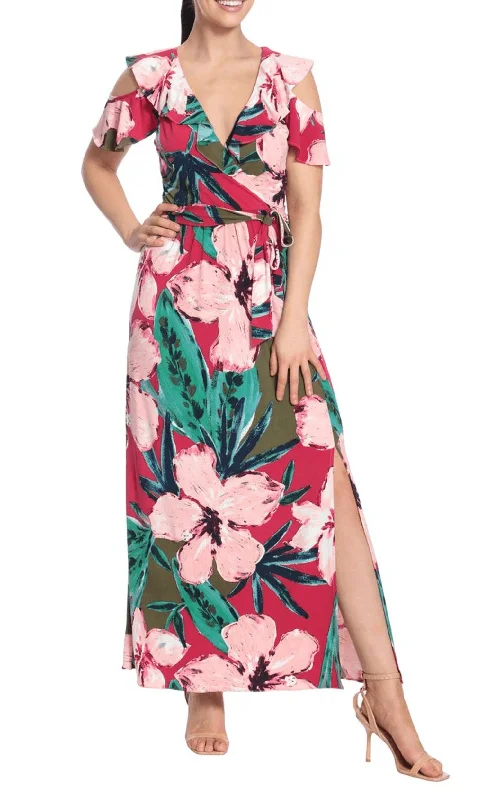 Women's Clothing For Holiday Travel Cold Shoulder Ruffle Floral Maxi Dress In Red/pink