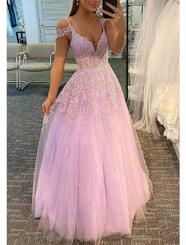 Women's Outfit For The Office A-Line Prom Dresses Empire Dress Formal Wedding Guest Floor Length Sleeveless V Neck Tulle Backless with Pleats Appliques