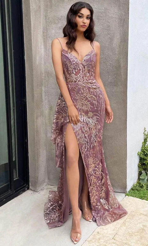 Women's Clothing Sets Ladivine J856 - Glitter Print High Slit Gown