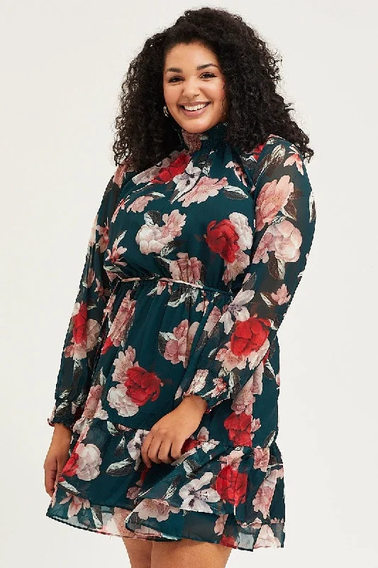 Women's Transitional Clothes Floral Print Sleeve High Neck Long