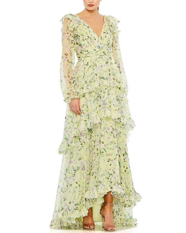 Women's Activewear Apparel Mac Duggal Floral Chiffon Tiered Ruffle Puff Sleeve Gown