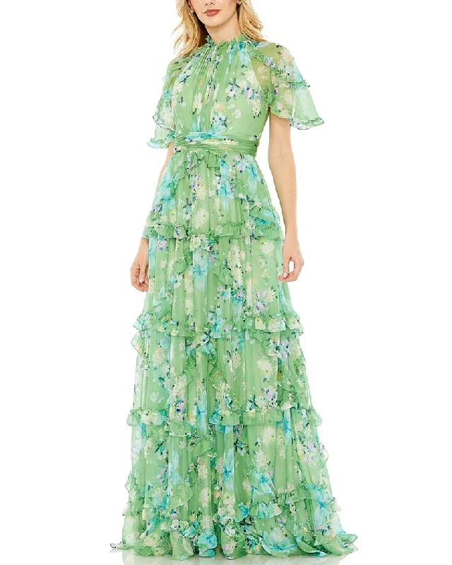 Women's Evening Apparel Mac Duggal Floral Print Chiffon Cascading Ruffle Raglan Gown