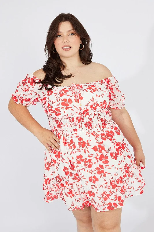 Vintage-Inspired Women's Apparel Red Floral Fit And Flare Dress Short Sleeve Ruched Bust