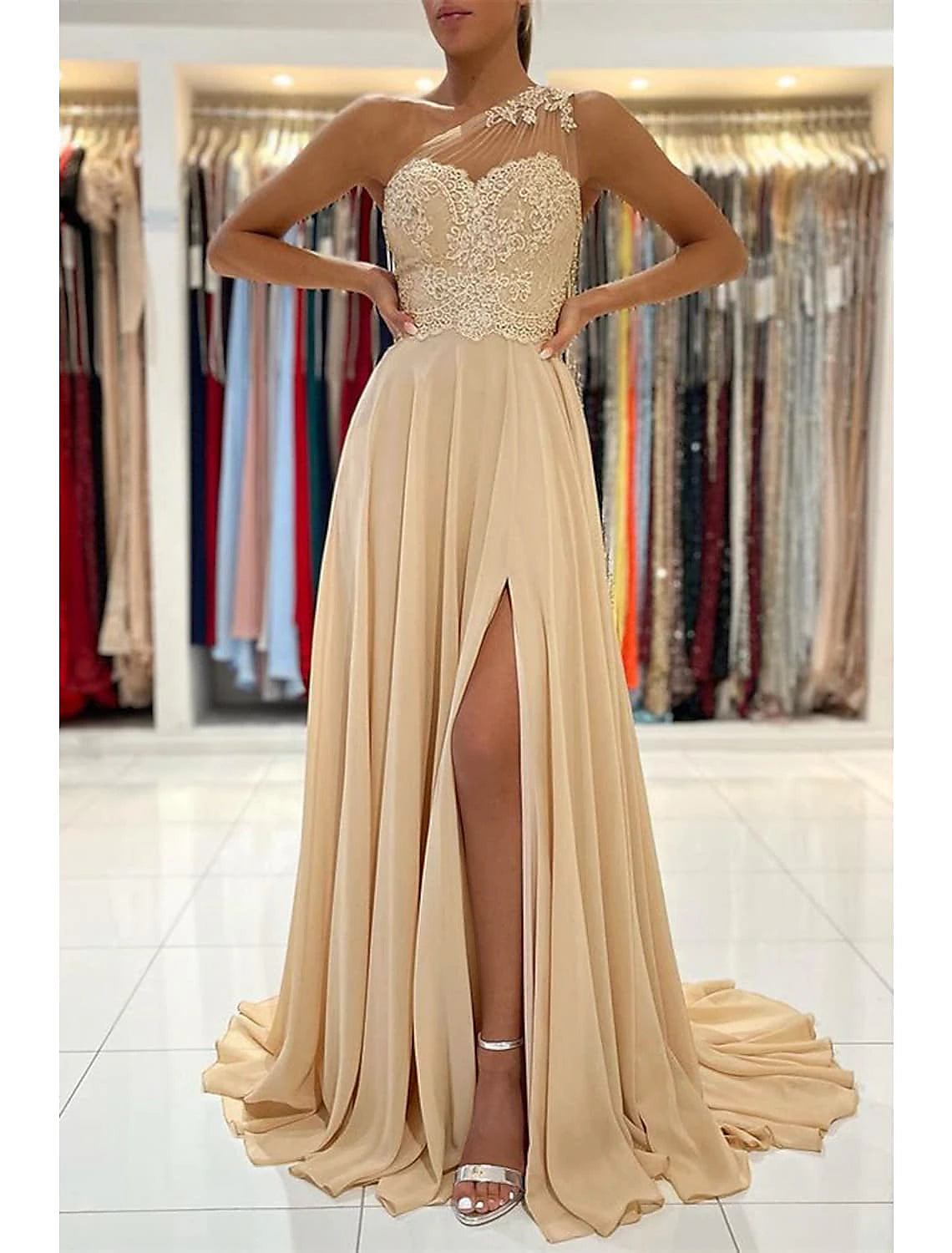 Sustainable Fashion Clothing For Women A-Line Prom Dresses Sexy Dress Formal Wedding Guest Court Train Sleeveless One Shoulder Chiffon with Slit Appliques