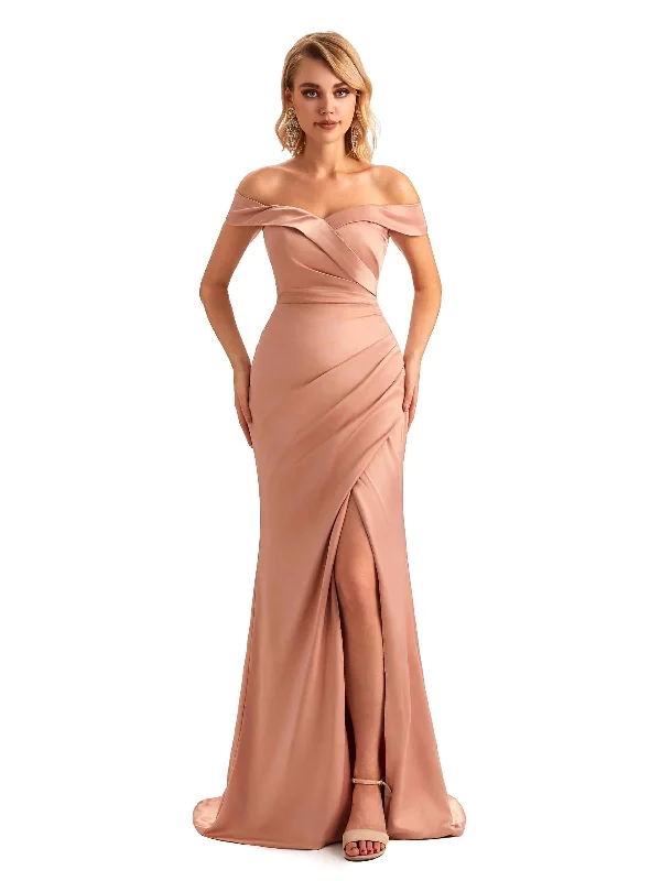 Women's Resort Attire Off Shoulder Side Slit Mermaid Silky Satin Unique Long Formal Wedding Guest Dresses Online