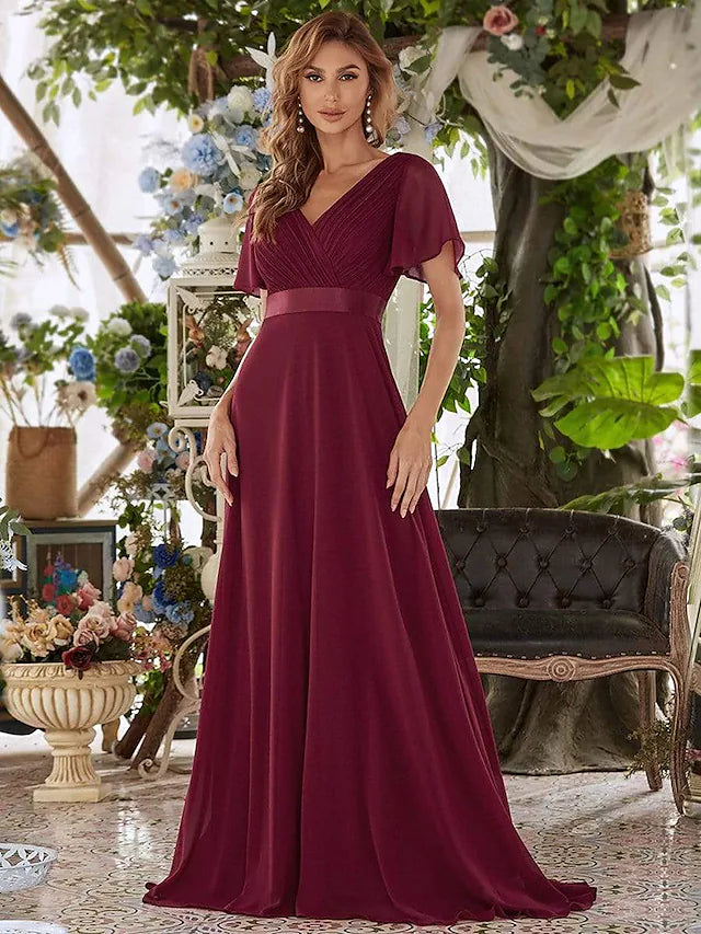 Women's Workout Clothing Evening Gown Empire Dress Wedding Guest Floor Length Short Sleeve V Neck Chiffon V Back with Ruffles