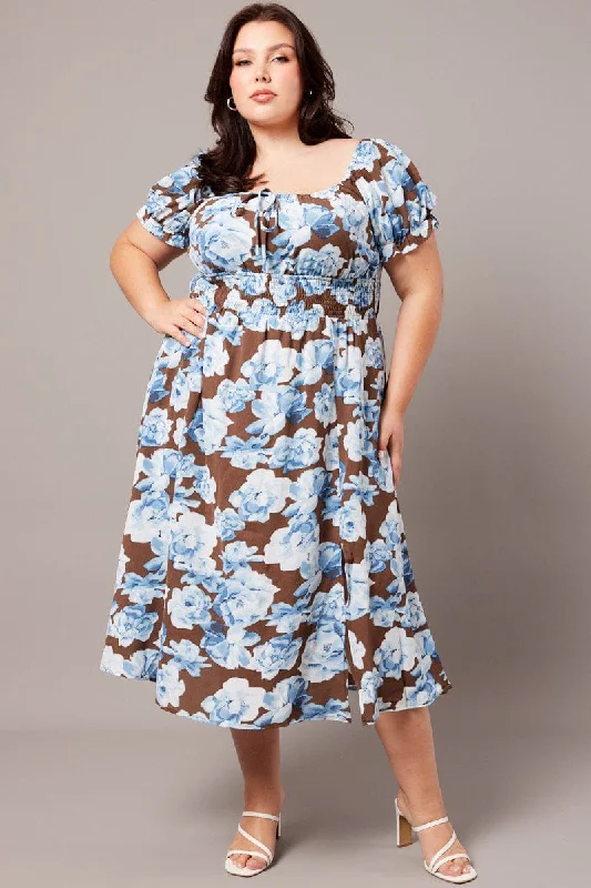 Affordable Luxury Women's Apparel Brown Floral Midi Dress Short Sleeve Ruched Bust