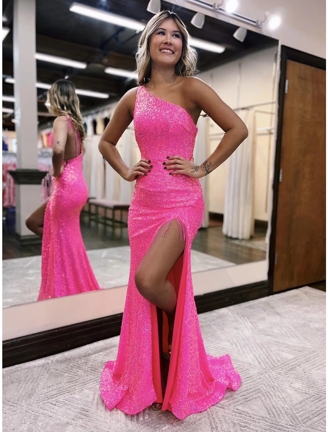 Women's Elegant Garments Mermaid / Trumpet Prom Dresses Sparkle & Shine Dress Formal Wedding Party Sweep / Brush Train Sleeveless One Shoulder Sequined Backless with Sequin Slit