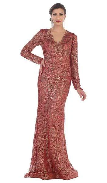 Women's Clothing Sets May Queen RQ7477 Scalloped with Long Sleeves Embellished Lace Gown - 1 pc Burgundy/Gold in Size 2XL Available