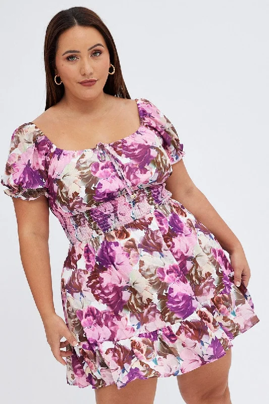 Women's Clothing For Outdoor Events Pink Floral Fit And Flare Dress Short Sleeve Gathered Bust