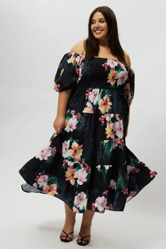 Timeless Women's Garments Black Floral Maxi Dress Short Sleeve Shirred