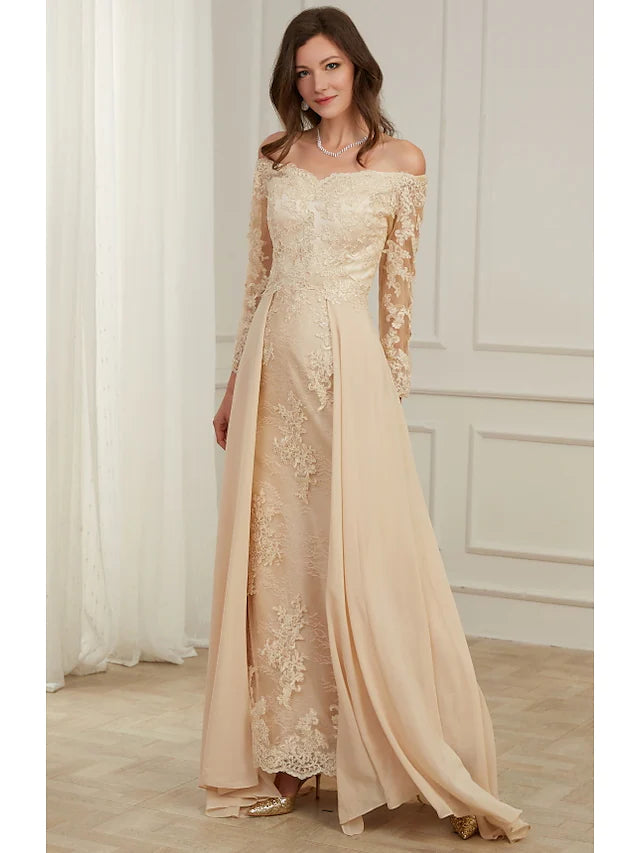 Women's Clothing For Holiday Travel Evening Gown Elegant Dress Wedding Guest Floor Length Long Sleeve Off Shoulder Polyester with Overskirt Appliques