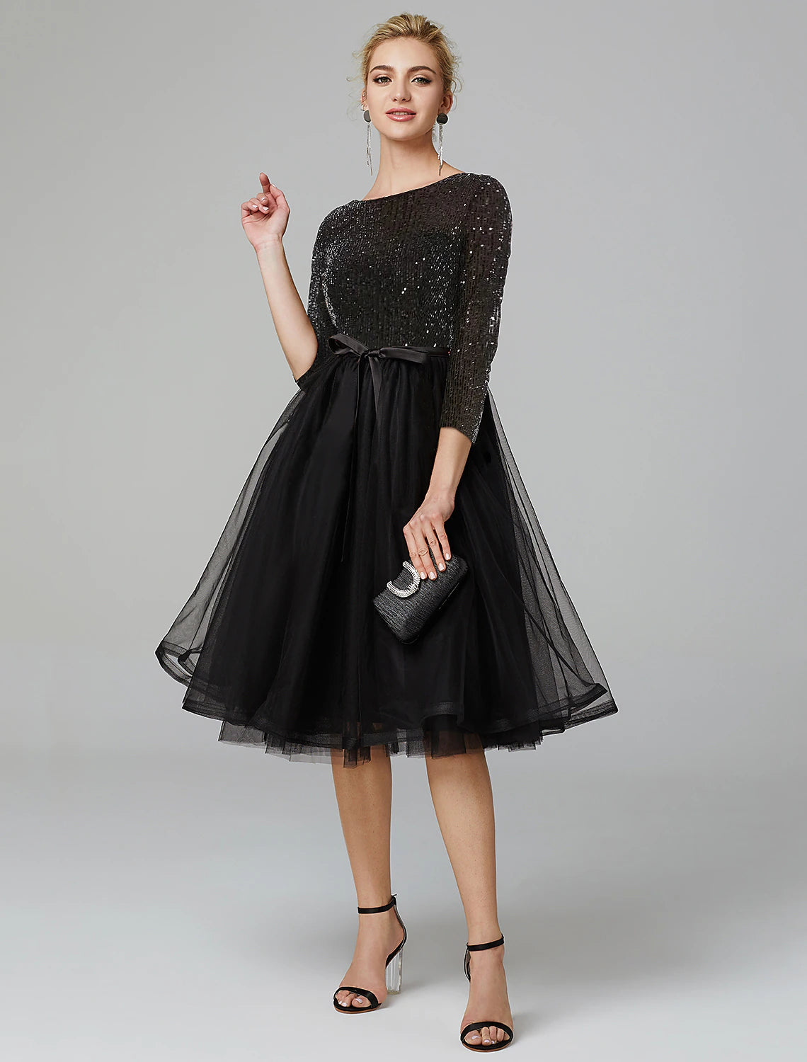 Women's Party Clothes A-Line Cocktail Dresses Elegant Dress Formal Wedding Guest Tea Length 3/4 Length Sleeve Jewel Neck Fall Wedding Guest Tulle with Sequin Strappy