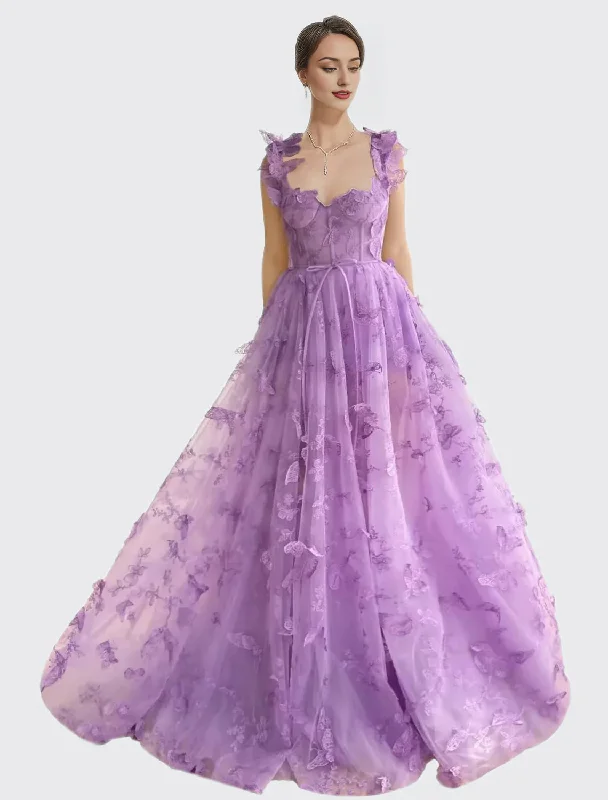 Women's Outerwear Garments Long Tulle Prom Dress with 3D Butterflies Dress Ball Gown Evening Dresses Party Wedding Formal Dress Slit