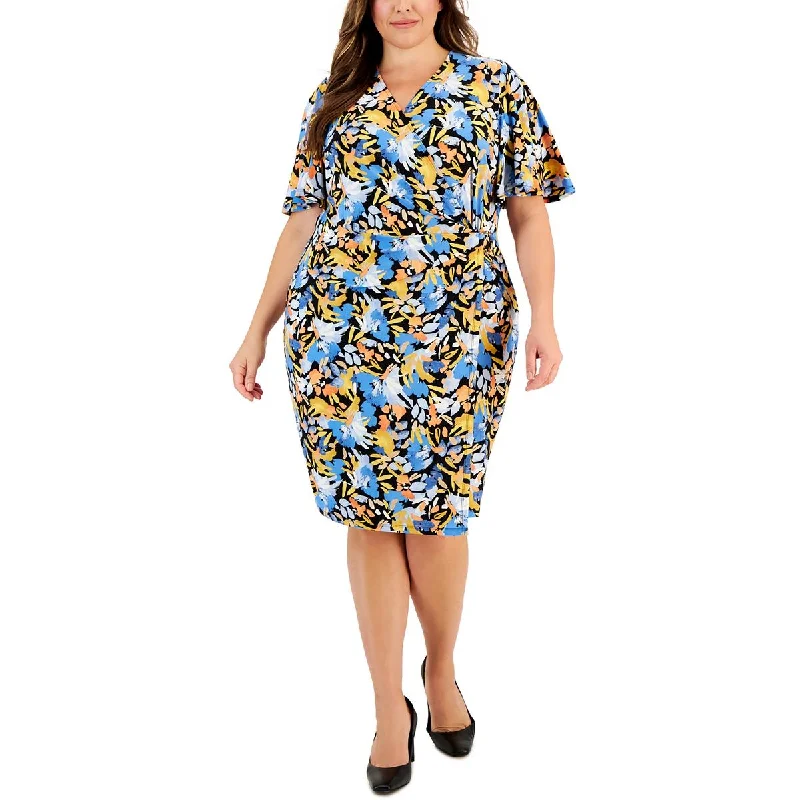 Women's Holiday Attire Kasper Womens Plus Floral Print Jersey Wrap Dress