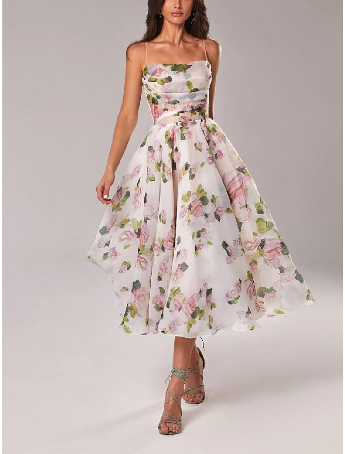 Women's Stylish Vacation Attire A-Line Homecoming Dresses Princess Dress Wedding Guest Holiday Tea Length Sleeveless Spaghetti Strap Organza with Print