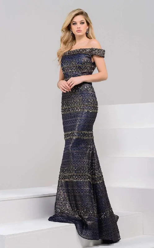 Women's Casual Attire Jovani 40872A Oramented Lace Off-Shoulder Gown - 1 pc Navy/Gold in size 6 and 12 Available