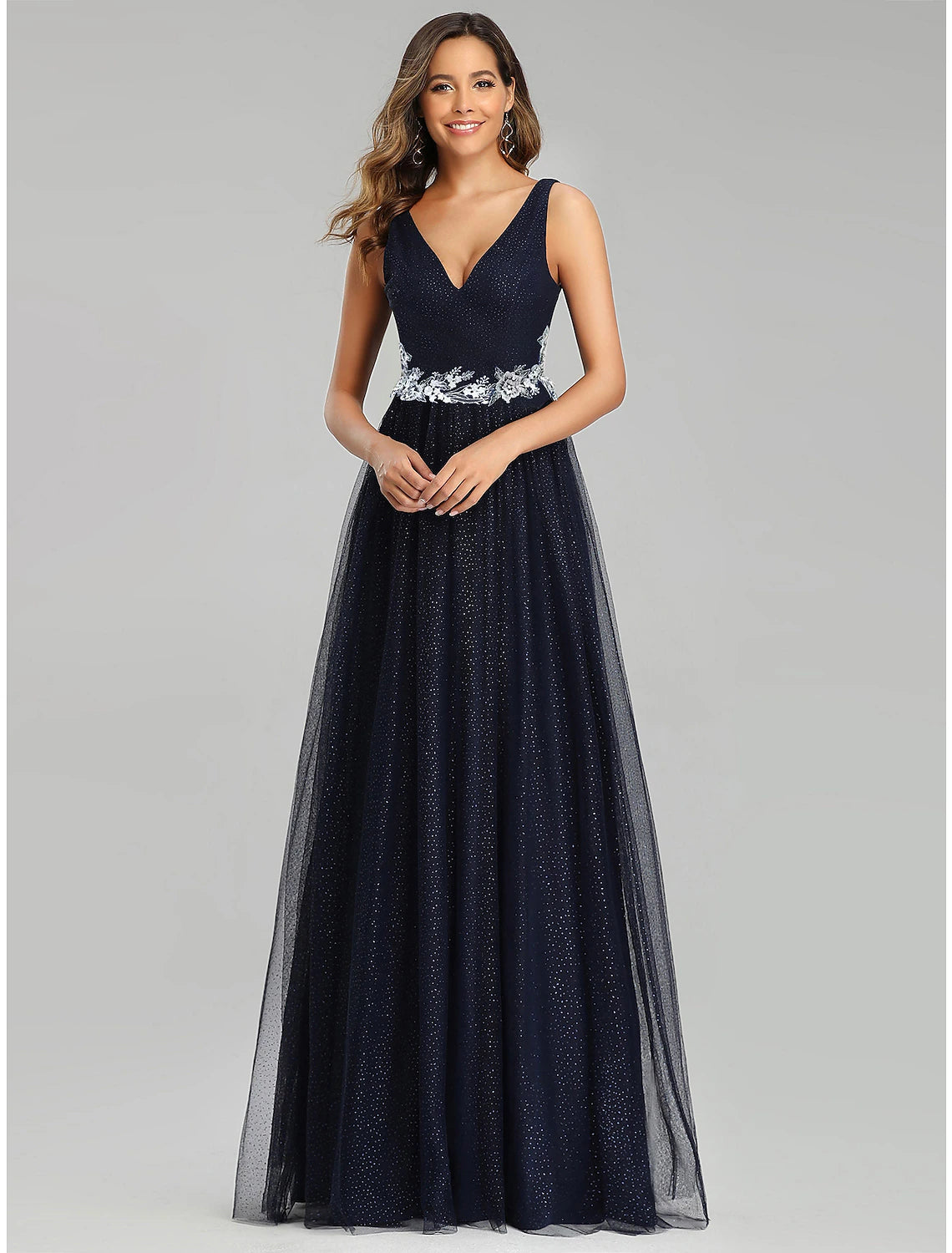 Stylish Women's Clothing A-Line Prom Dresses Empire Dress Wedding Guest Floor Length Sleeveless V Neck Tulle with Sequin Appliques