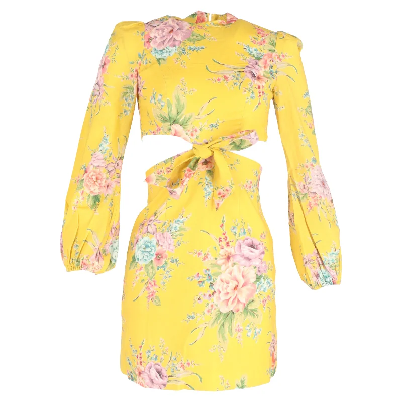 Women's Resort Apparel Zimmermann Zinnia Floral Mini Dress in Yellow Linen