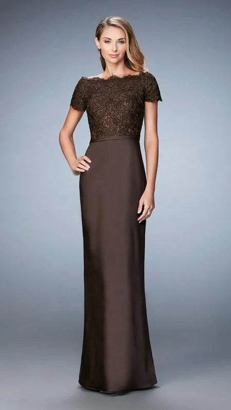 Women's Night-Out Outfit La Femme Beaded Lace Off-Shoulder Gown 21962SC - 1 pc Espresso in Size 10 Available