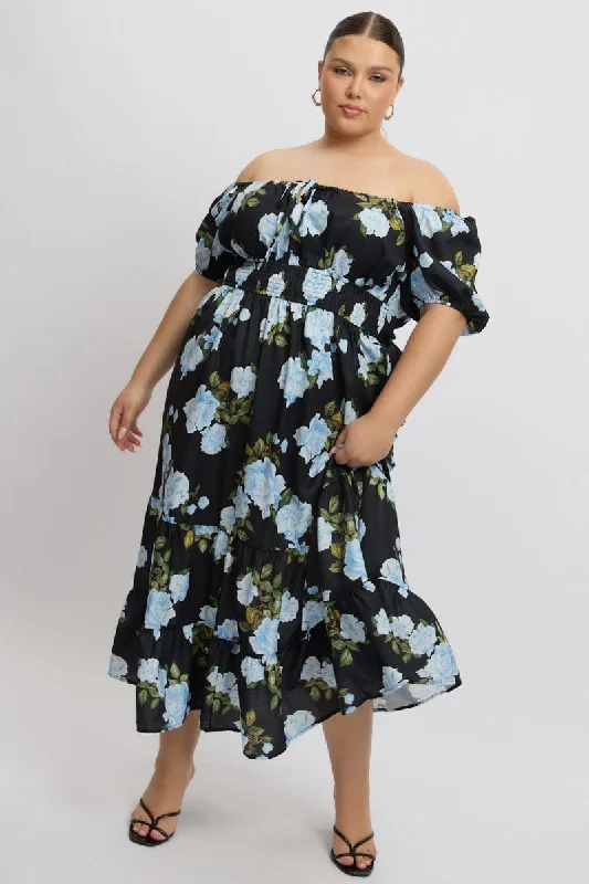 Women's Comfortable Lounge Garments Black Floral Midi Dress Short Sleeve Ruched Bust Tiered