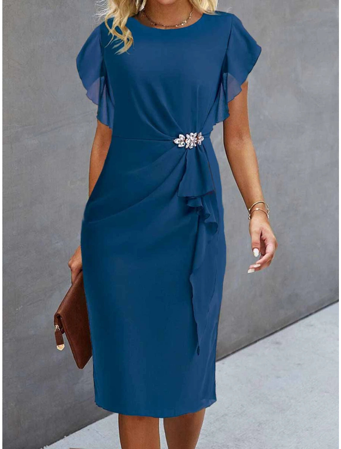 Women's Seasonal Apparel Party Dress Cocktail Dress Midi Chiffon Dress Wine Blue Green Short Sleeve Solid Color Ruffle Crew Neck Evening Party Vacation Wedding Guest Summer Spring Fall