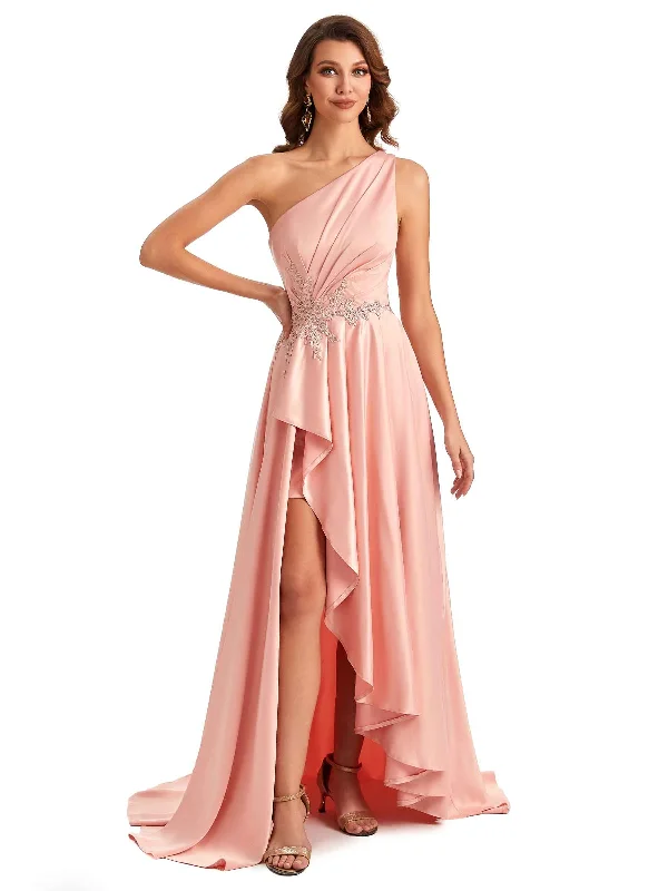 Women's Clothing For Casual Outings Sexy One Shoulder A-Line High Low Silky Satin Lace Long Formal Wedding Guest Dresses