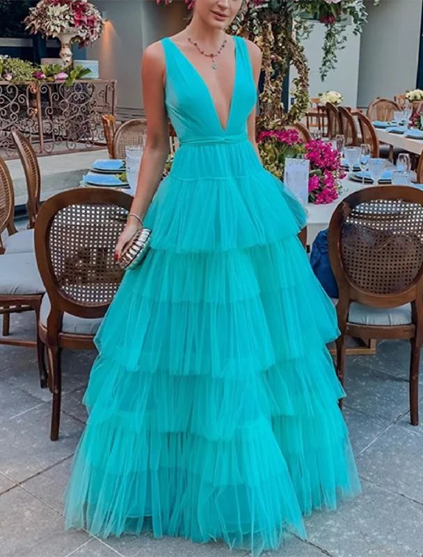 Women's Workout Clothing A-Line Prom Dresses Tiered Plisse Dress Party Wear Wedding Party Chapel Train Sleeveless V Neck Tulle with Pleats