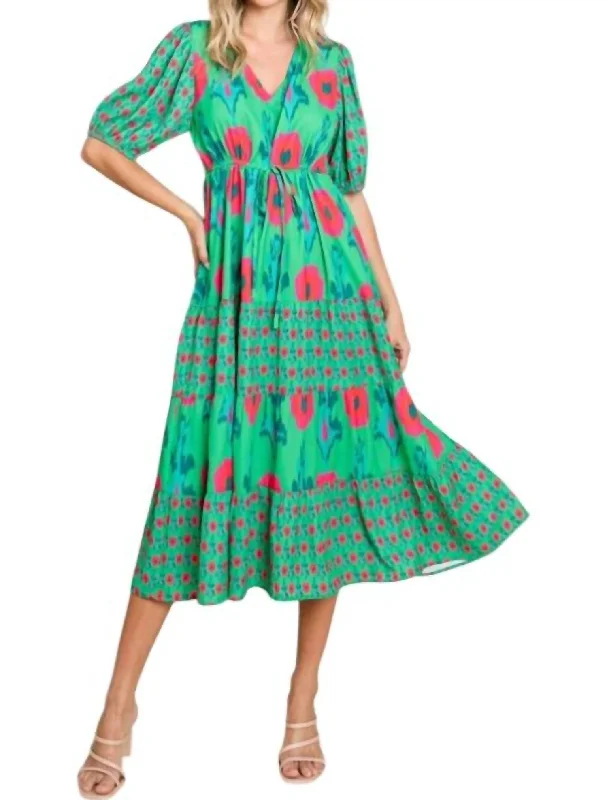 Women's Formal Event Clothing Floral Print Midi Dress In Green