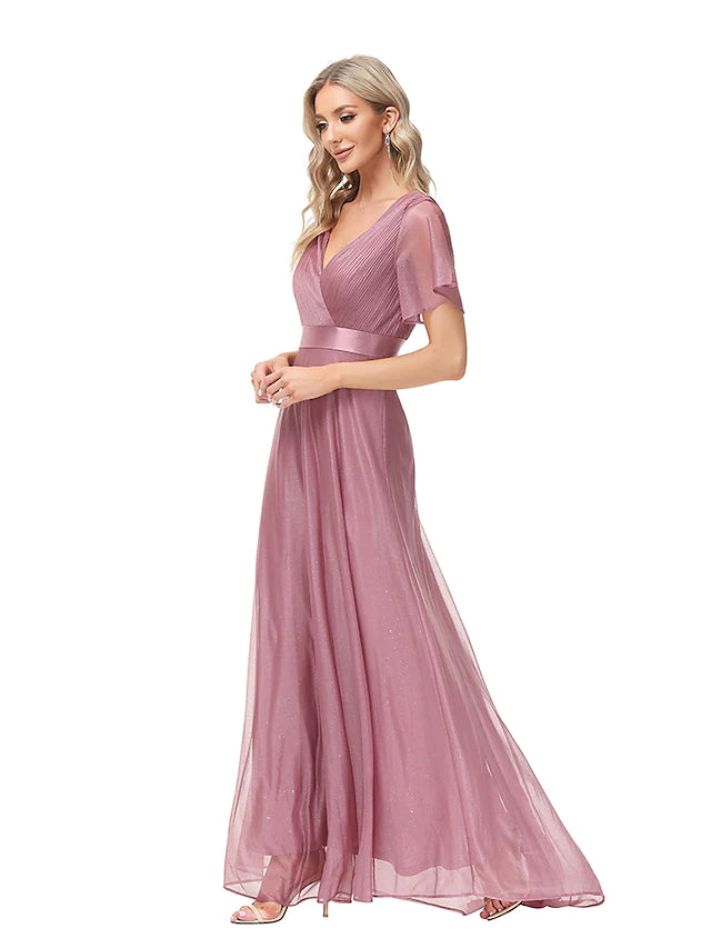 Women's Professional Clothes Evening Gown Empire Dress Wedding Guest Floor Length Short Sleeve V Neck Tulle with Ruched Ruffles