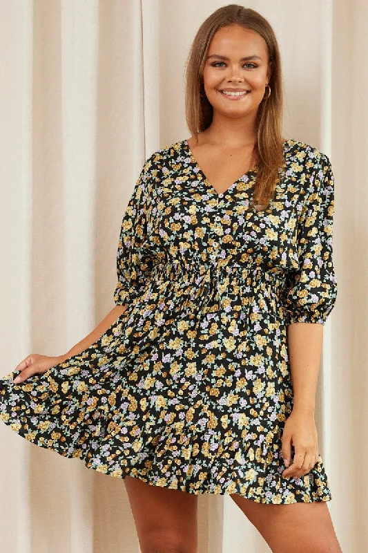 Women's Relaxed Clothes Floral Print Skater Dress V-neck Long Sleeve