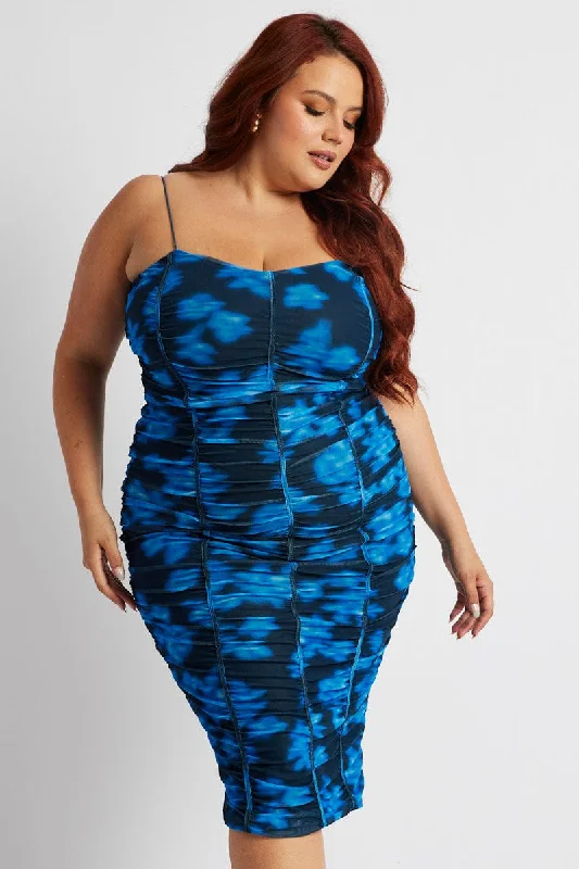 Women's Trendy Garments Blue Floral Mesh Ruched Midi Dress