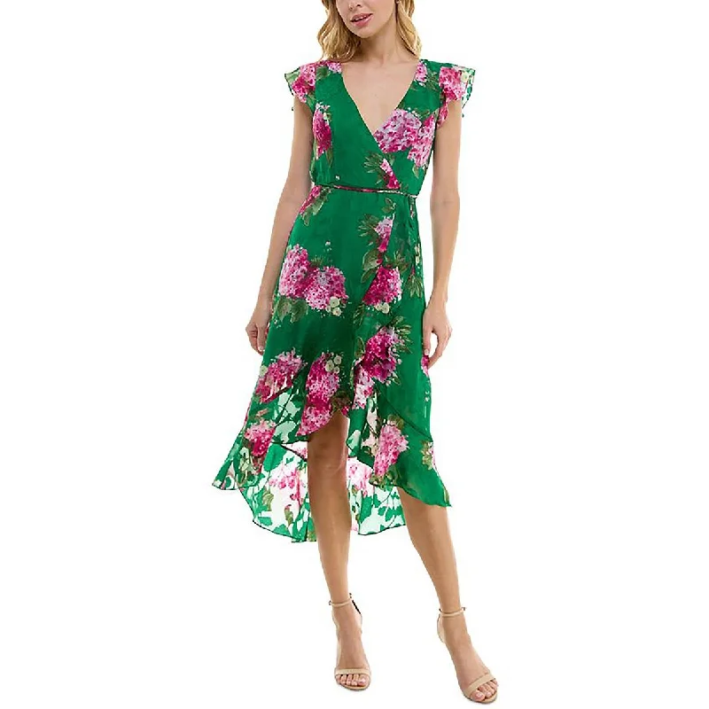 Timeless Women's Garments Juniors Womens Floral Faux Wrap Midi Dress