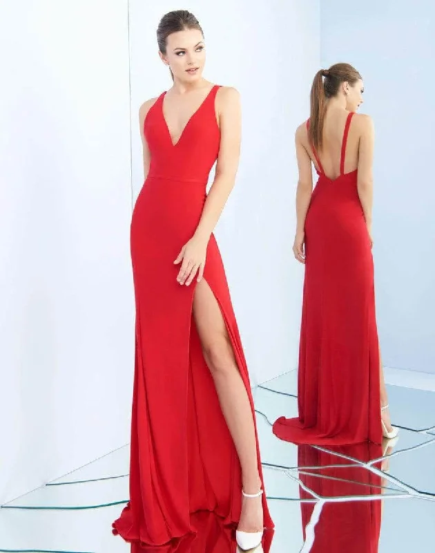 Women's Formal Event Clothing Ieena Duggal - 25846I V-Neck High Slit Sheath Gown